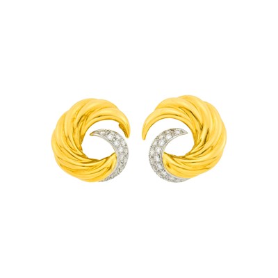 Lot 30 - Verdura Pair of Gold, Platinum and Diamond 'Swirl' Earclips