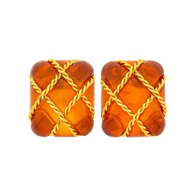 Lot 1021 - Seaman Schepps Pair of Gold and Amber 'Cage' Earclips