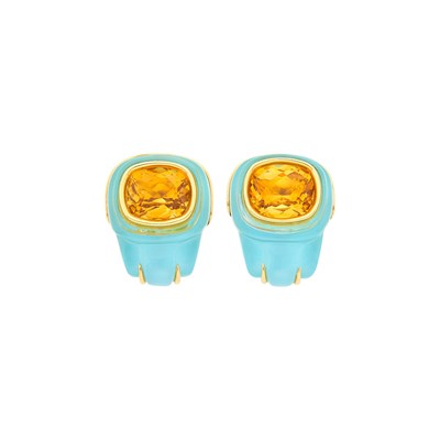 Lot 1136 - Seaman Schepps Pair of Gold, Carved Rock Crystal, Reconstituted Turquoise and Citrine Earclips
