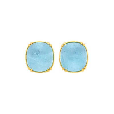 Lot 1037 - Seaman Schepps Pair of Gold and Cabochon Aquamarine Earclips