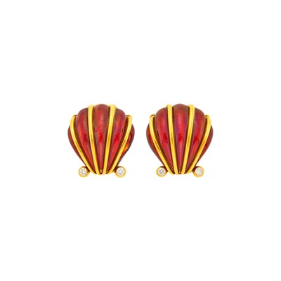 Lot 1216 - Tiffany & Co., Schlumberger Pair of Gold, Red Enamel and Diamond Shell Earclips