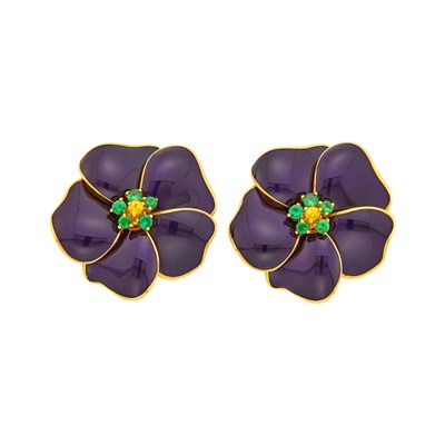 Lot 2054 - Nardi Pair of Gold, Black Enamel, Yellow Sapphire and Green Garnet Flower Earclips