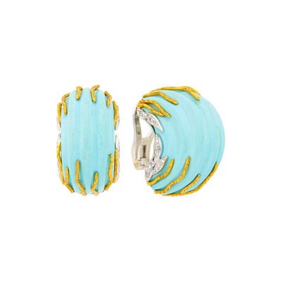 Lot 1162 - Fred Leighton Pair of Gold, Platinum, Carved Turquoise and Diamond Earclips