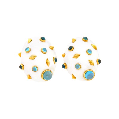 Lot 2031 - Pair of Gold, White Enamel and Cabochon Colored Stone Earclips