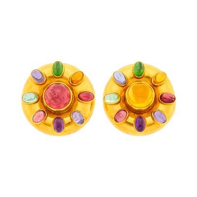 Lot 94 - Elizabeth Locke Pair of Gold and Cabochon Colored Stone Earclips