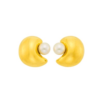 Lot 1027 - Seaman Schepps Pair of Gold and Cultured Pearl 'Half Moon' Earclips