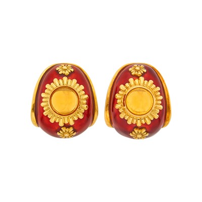 Lot 2009 - Pair of Gold, Red Enamel and Cabochon Citrine Earclips