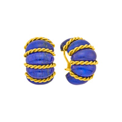 Lot 1204 - Seaman Schepps Pair of Gold and Lapis 'Shrimp' Earclips