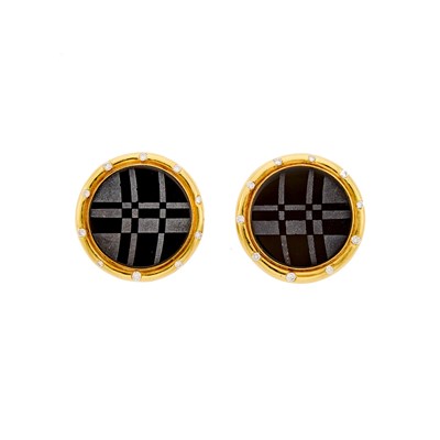 Lot 2049 - Pair of Gold, Black Onyx and Diamond Earclips