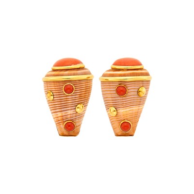 Lot 2040 - MAZ Pair of Gold, Shell and Coral Earclips