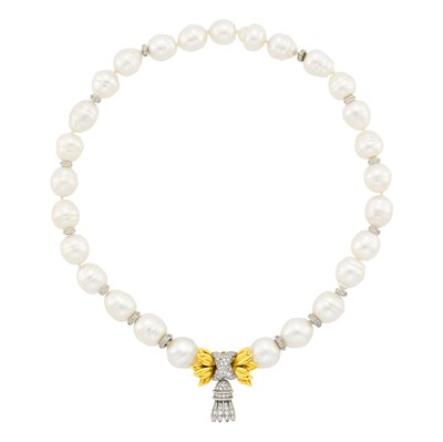 Lot 129 - Verdura Semi-Baroque South Sea Cultured Pearl, Platinum and Diamond Necklace with Platinum, Gold and Diamond Bow Clasp