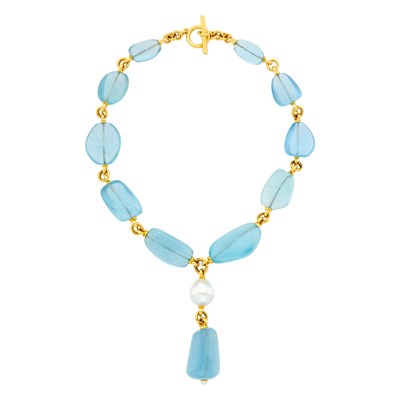 Lot 68 - Verdura Tumbled Aquamarine Bead, Gold and Semi-Baroque South Sea Cultured Pearl Pendant-Necklace