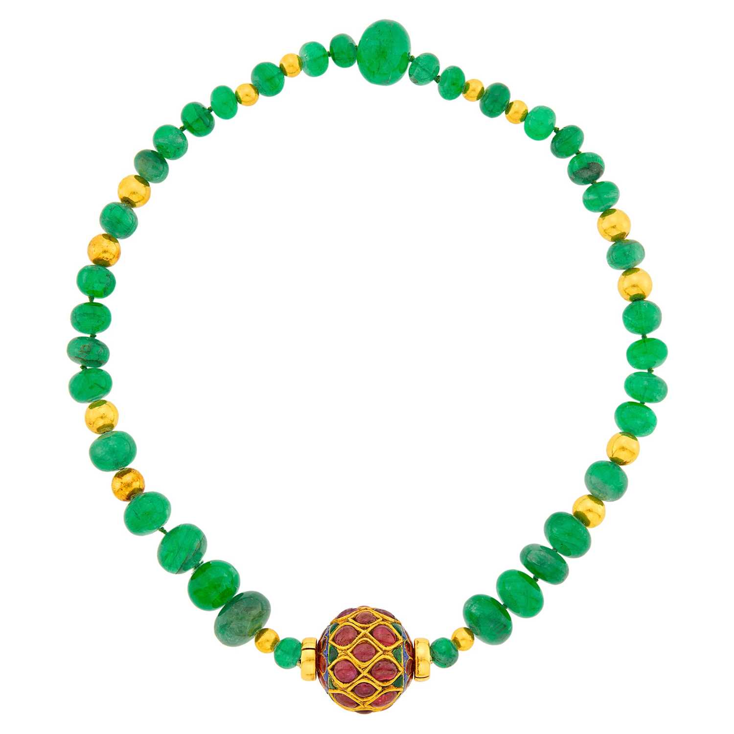 Lot 2218 - Attributed to Verdura Emerald and Gold Bead Necklace with Indian Gold, Jaipur Enamel and Foil-Backed Cabochon Ruby Ball Clasp