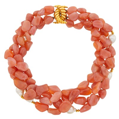 Lot 2014 - Four Strand Tumbled Pink Agate, Baroque South Sea Cultured Pearl and Gold Torsade Necklace