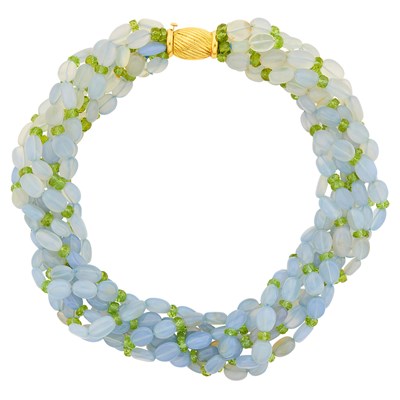 Lot 2032 - Seven Strand Tumbled Chalcedony and Peridot Bead Torsade Necklace with Gold Clasp