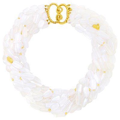 Lot 1128 - Verdura Nine Strand Tumbled Moonstone Bead and Gold Torsade Necklace