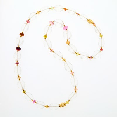 Lot 2070 - Long Rock Crystal Bead, Multicolored Tourmaline and Gold Bead and Diamond Necklace/Pair of Necklaces Combination