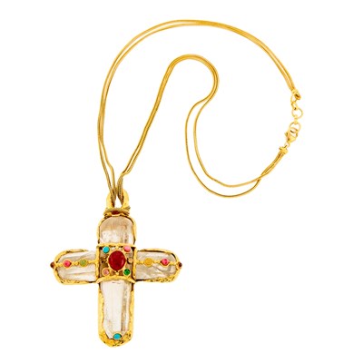 Lot 2071 - Chanel Rock Crystal, Glass and Gem-Set Cross Pendant with Silver-Gilt Double Strand Chain Necklace