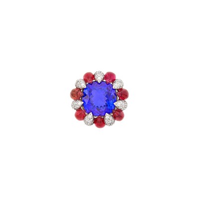 Lot 131 - Verdura Gold, Platinum, Tanzanite, Cabochon Pink Tourmaline and Diamond 'Raja' Ring