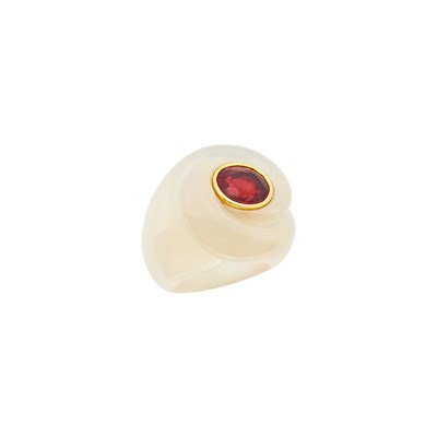 Lot Attributed to Belperron Carved Chalcedony, Gold and Red Spinel Ring