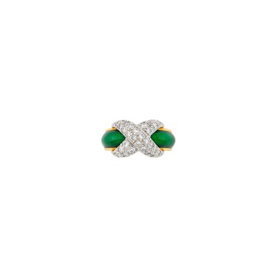 Lot 1007 - Tiffany & Co., Schlumberger Gold, Platinum, Green Enamel and Diamond 'X' Band Ring