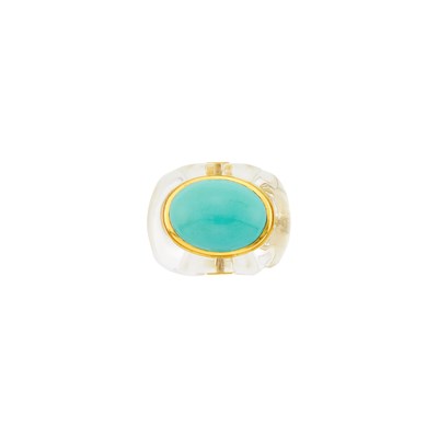 Lot 1133 - Seaman Schepps Carved Rock Crystal, Gold and Turquoise Ring