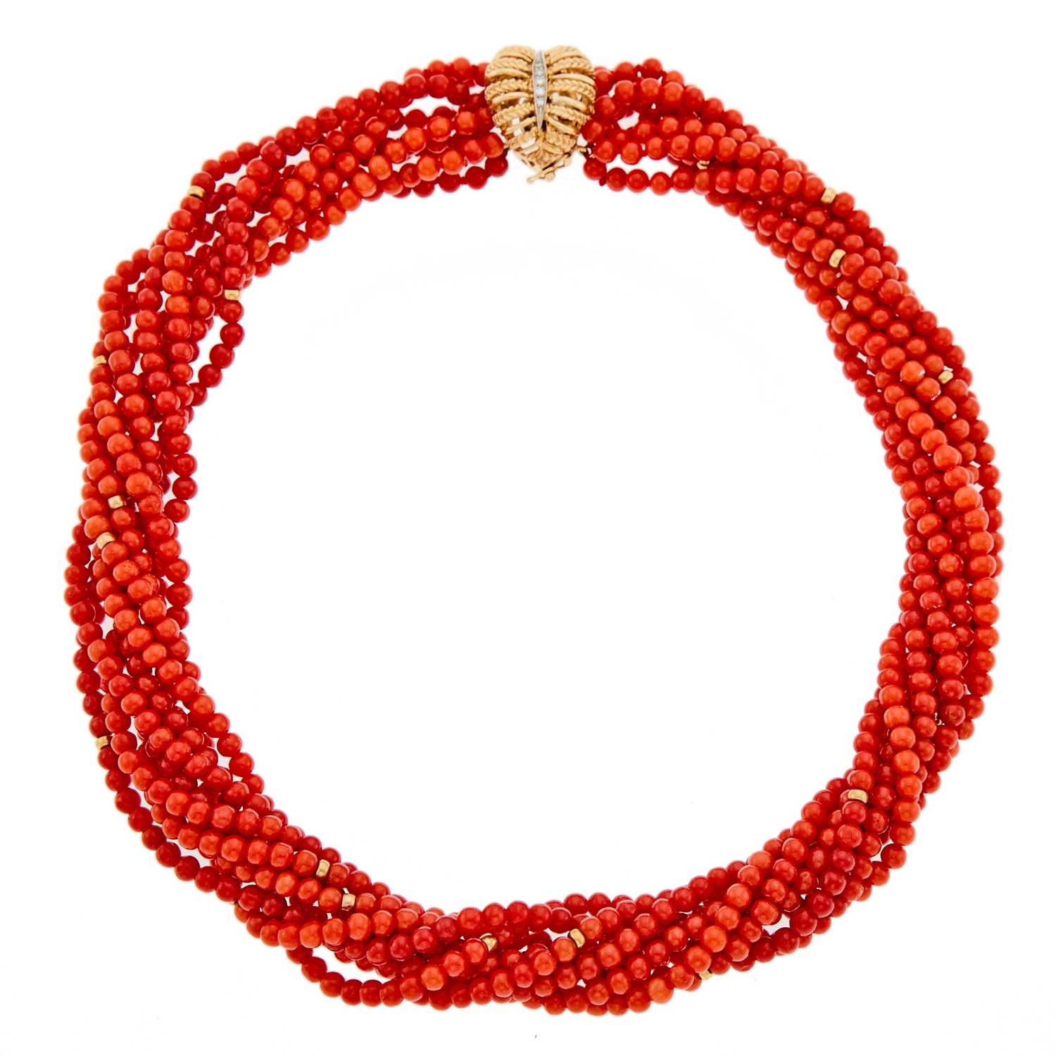 Lot 2277 - Nine Strand Coral and Gold Bead Torsade Necklace with Two-Color Gold and Diamond Clasp