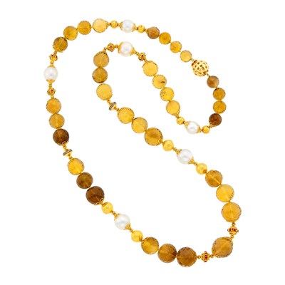 Lot 165 - Verdura Long Citrine, Smoky Quartz and Gold Bead, South Sea Cultured Pearl, Cabochon Ruby and Diamond Necklace