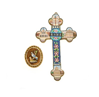 Lot 2106 - Gilt and Micromosaic Cross Pendant and Gold, Goldstone and Micromosaic Bird Ring