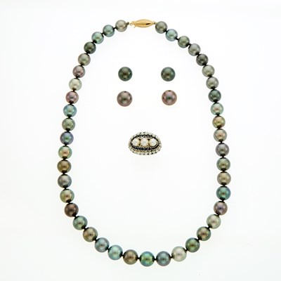 Lot 2183 - Tahitian Gray Cultured Pearl Necklace, Two Pairs of Earrings and White Gold, Cultured Pearl and Sapphire Ring