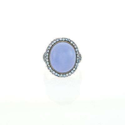 Lot 2048 - Two-Color Gold, Blue Chalcedony and Sapphire Ring
