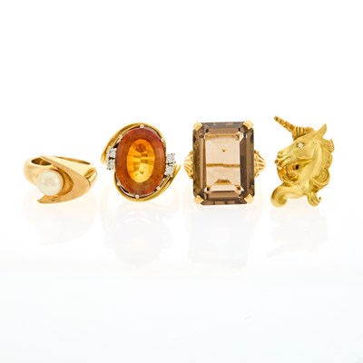 Lot 2231 - Three Gold, Citrine, Smoky Quartz, Cultured Pearl and Diamond Rings and Unicorn Tie Tac