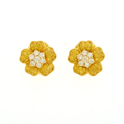 Lot 2033 - Pair of Gold, Colored Diamond and Diamond Flower Earrings