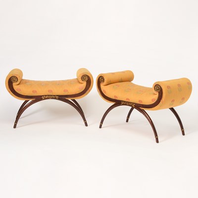 Lot 285 - Pair of Empire Style Upholstered Parcel Gilt and Mahogany Stained Stools