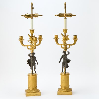 Lot 581 - Pair of Empire Gilt and Patinated Bronze Figural Candelabra