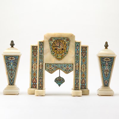 Lot 332 - Art Deco Three-Piece Onyx and Champlevé Enameled Clock Garniture