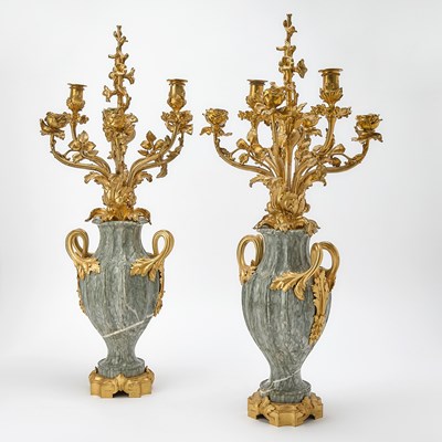 Lot 3003 - Pair of Louis XV/XVI Transitional Style Two-Handled Marble Urn-Form Six-Light Candelabra