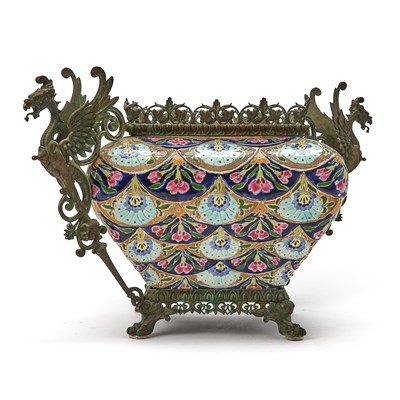 Lot 3085 - Zsolnay Metal-Mounted Glazed Earthenware Jardiniere