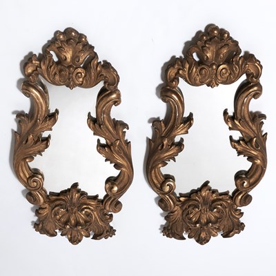 Lot 237 - Pair of Rococo Style Giltwood Cartouche-Form Wall Mirrors
