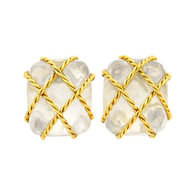 Lot 1010 - Seaman Schepps Pair of Gold and Rock Crystal 'Cage' Earclips