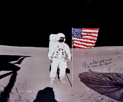 Lot 236 - Apollo 14 astronaut Edgar Mitchell on the Moon with the American flag