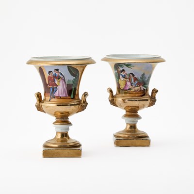 Lot 3117 - Pair of Paris Porcelain Polychrome Decorated Gold-Ground Garniture Urns