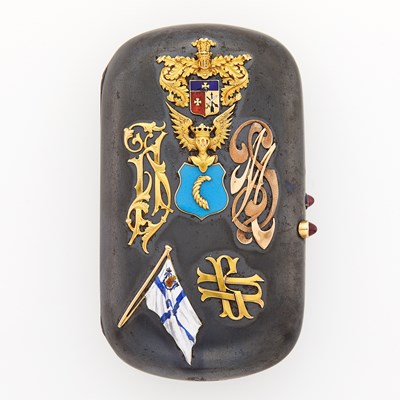 Lot 111 - Russian Enameled Gold and Silver Mounted Gun Metal Cigarette Case