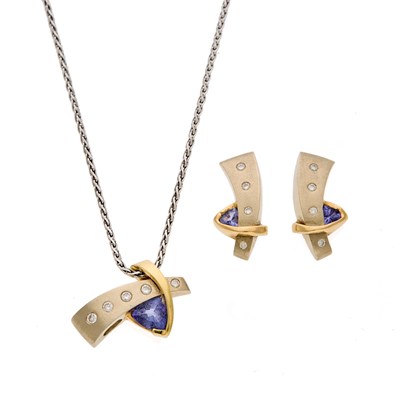 Lot 2250 - Two-Color Gold, Tanzanite and Diamond Pendant with Chain Necklace and Pair of Earrings