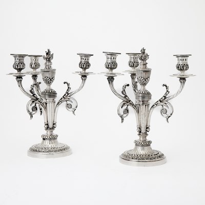 Lot 224 - Pair of Louis XVI Style Silvered Bronze Four-Light Candelabra