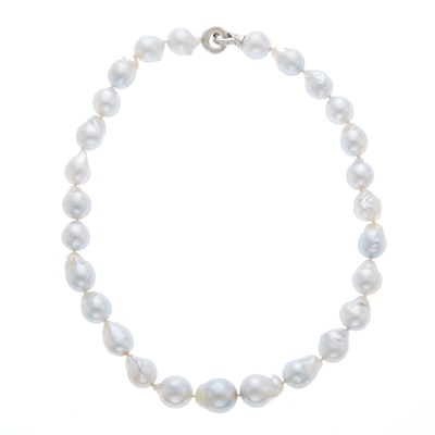 Lot 1131 - Baroque Cultured Pearl Necklace with White Gold and Diamond Clasp