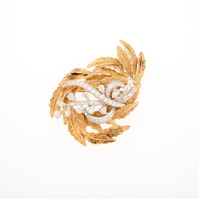 Lot 1074 - Platinum and Diamond Brooch with Gold Leaf Jacket