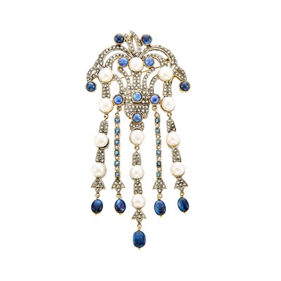 Lot 1048 - Silver, Gold, Sapphire, Cultured Pearl and Diamond Pendant-Brooch