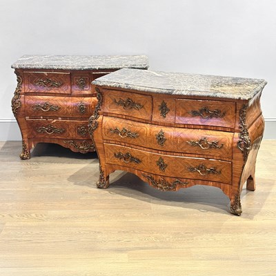 Lot Near Pair of Louis XV Style Marble Top Gilt-Bronze Mounted Inlaid Fruitwood Bombe Commodes