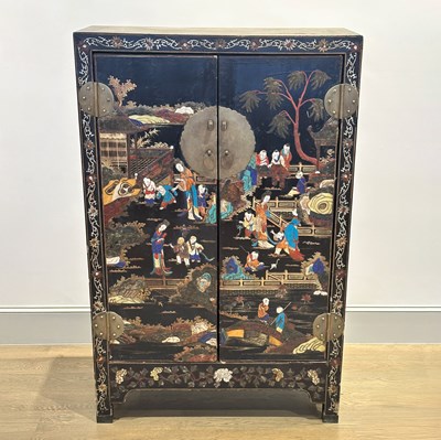 Lot 1118 - Black Lacquered and Stone Inlaid Cabinet